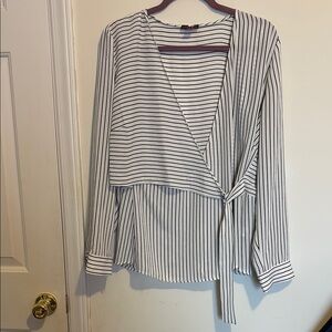 Chic White and Black Wrap Blouse with Tie Front